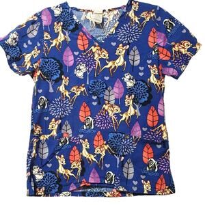 Disney Bambi Nurse Scrub Top Short Sleeve V-Neck Pockets Blue Womens Size XS